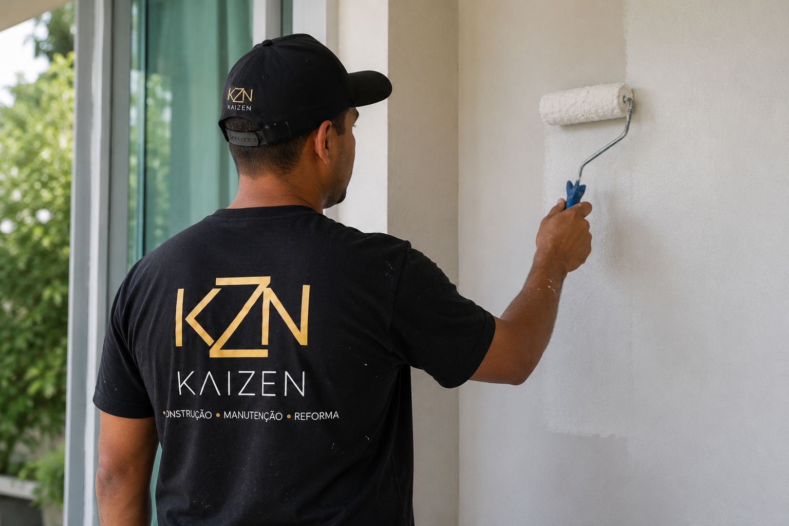 Pintor Kaizen aplicando tinta em parede externa